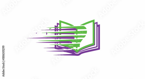 Dynamic book and heart logo with speed lines, symbolizing fast learning, rapid knowledge acquisition, and a love for education or reading. Modern graphic design.
