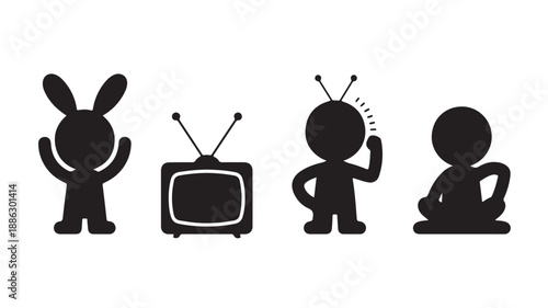 Alien Characters with Television in Simple Flat Design with Black Silhouette for Digital Media