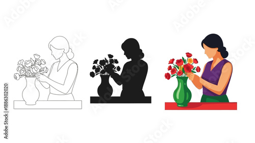 Collection of three artistic styles illustrating a woman carefully arranging vibrant red roses inside a decorative green vase on a surface