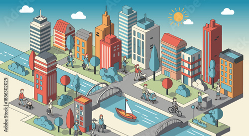 Isometric city vector illustration with people, buildings, and a river
