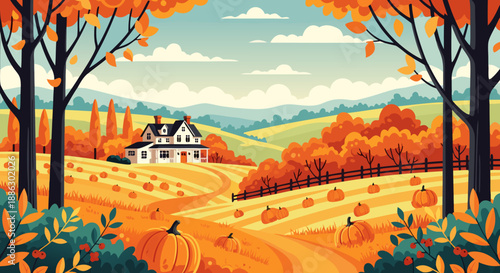 Autumnal Landscape Vector Illustration of a Farmhouse Surrounded by Pumpkin Patches and Colorful Trees