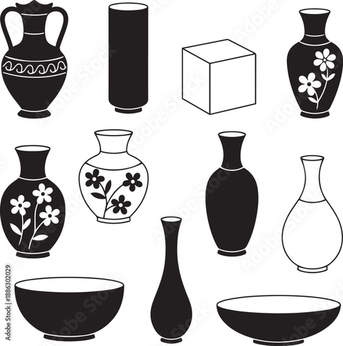 Black and white vase and bowl shapes with floral