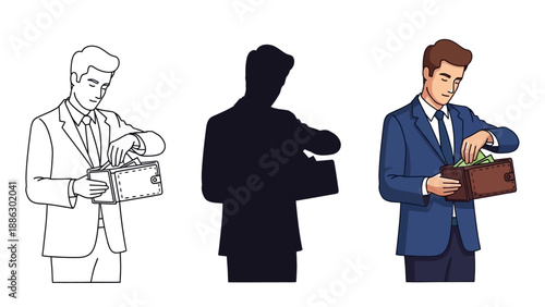 Businessman efficiently managing finances by carefully taking out paper currency notes from a folded brown leather wallet in three different artistic styles representing concepts.