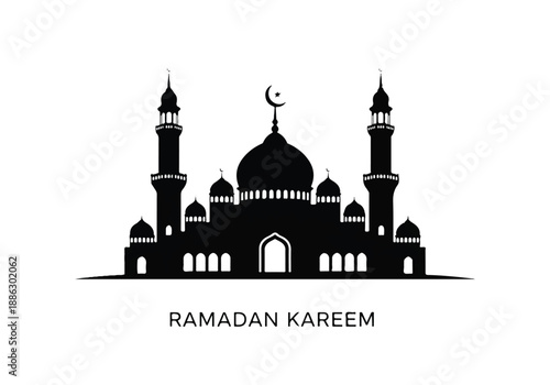 Ramadan kareem greeting with minimalist mosque silhouette design on a black background
