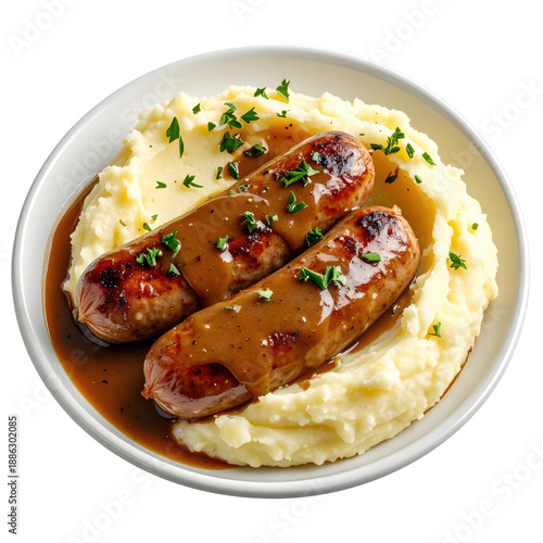 Rustic gravy-smothered bangers and mash with a sprig of rosemary, captured and isolated on a clean white background.