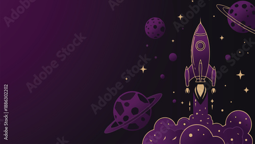 Rocket launch with planets and stars, a journey through the cosmos on a purple background