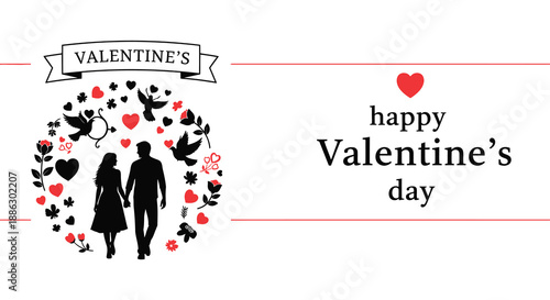 A romantic valentine s day illustration featuring a couple hearts and birds within a decorative circular frame high quality