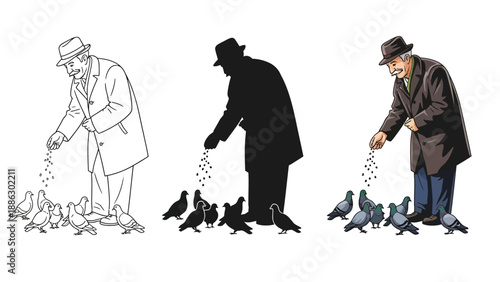 Collection of three illustrations featuring an elderly gentleman wearing a hat and a long coat actively scattering birdseed for several hungry pigeons gathered near his feet