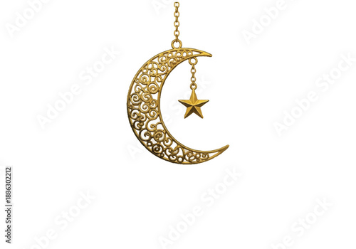 Elegant golden crescent moon with intricate scrollwork and hanging star ornament