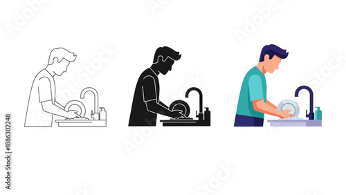 Man washing dishes at kitchen sink shown in three different stylized artistic vector illustrations including line art silhouette and flat color representation