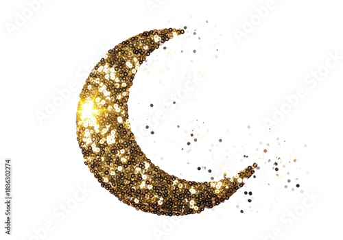 Shimmering golden crescent moon made of sequins dissolving into sparkling glitter
