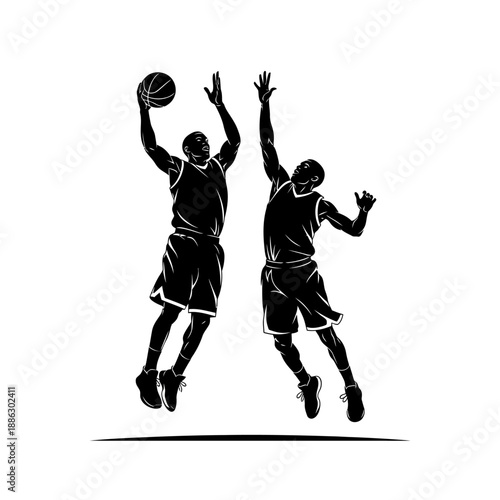 Basketball Defense Players Jumping Action Black Silhouette Illustration