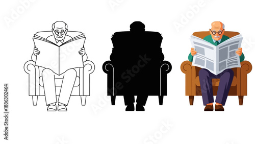 Collection of three distinct visual styles showing an elderly gentleman sitting comfortably in an armchair while attentively reading the daily newspaper
