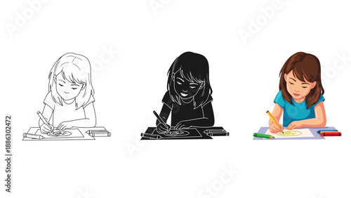 Collection of three distinct artistic renderings showing a young girl diligently focused on drawing and coloring on a piece of paper with assorted writing utensils displayed nearby