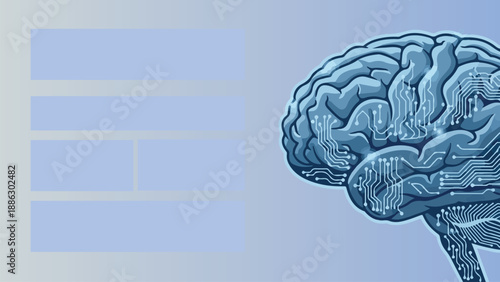 Digital brain illustration with circuit board patterns and abstract data visualization elements