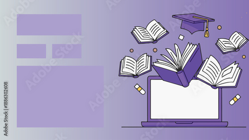 Online Learning Concept Illustration Digital Education Platform with Laptop, Books, and Graduation Cap for Remote Academic Studies and Knowledge Acquisition