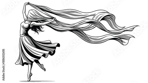 Professional line art of a graceful female dancer with long flowing ribbons for creative entertainment industry and arts education business resources.