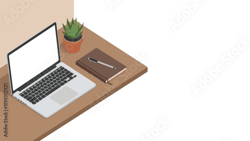 Isometric illustration of a modern desk setup with a laptop, notebook, pen, and a small potted plant, perfect for office or remote work themes