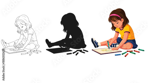 Collection showing a young girl drawing with crayons presented as a line art outline a solid silhouette and a full color illustration ready for creative projects