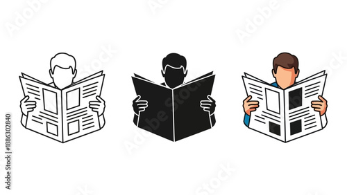 Collection of three distinct graphic styles illustrating a person intently focused on reading the daily broadsheet newspaper or publication spread open wide