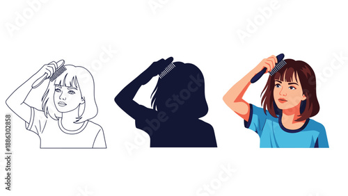Collection of three different artistic representations showing a young woman styling her short brown hair with a green comb above her forehead
