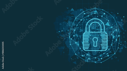 Digital security padlock icon with network connections on a dark blue background