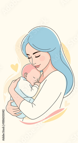 Mother tenderly embracing newborn baby, serene illustration of maternal love and care from a gentle viewpoint