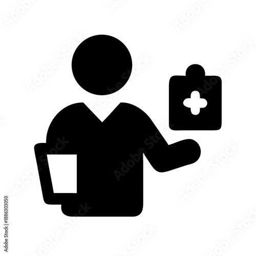 Professional Doctor Holding Clipboard During Patient Consultation Black Silhouette Vector Icon on White Background for Medical Advice and Healthcare