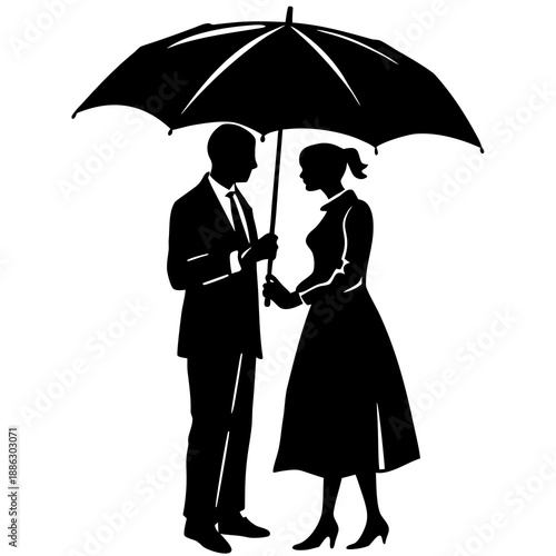 Romantic Couple Holding an Umbrella Together Black Silhouette Vector Illustration on White Background for Love and Partnership Concepts