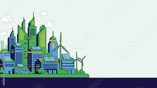 Vibrant green city skyline illustration with renewable energy sources powering a sustainable urban future