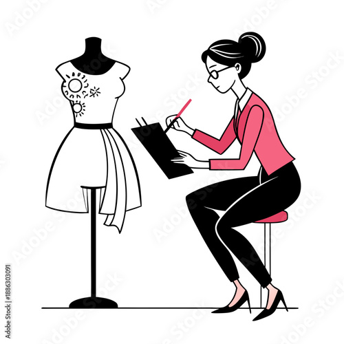 Creative Fashion Designer Sketching Outline Black Silhouette Vector Illustration on White Background for Art, Design and Innovation Concepts