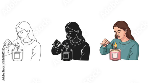 Collection of three artistic styles depicting a young woman carefully lighting the wick of a scented jar candle using a long wooden matchstick to create ambiance