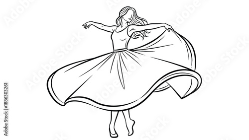 Graceful female dancer twirling in a long flowing dress for creative performing arts education and modern entertainment industry business branding assets.