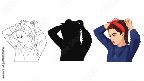 Collection of vector illustrations showing a young woman securing a vibrant red bandana into her brown hair demonstrating line art silhouette and full color versions