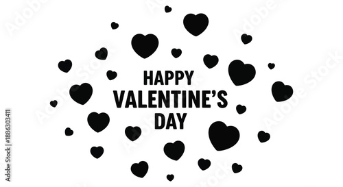 A celebratory valentine s day graphic featuring scattered black hearts and bold red text announcing the holiday high quality