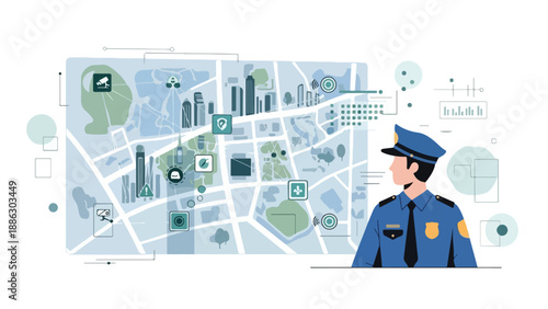 Illustration of a police officer standing beside a city map with various icons and symbols, wearing a blue uniform and cap with a yellow patch.