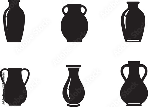 Black silhouette of six ancient style clay jugs
