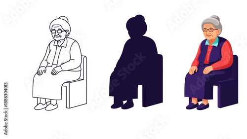Collection of three stylistic illustrations depicting an elderly woman seated comfortably showing line art silhouette and full color vector versions