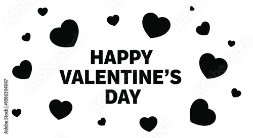 A simple valentine s day graphic features black hearts scattered around the text happy valentine s day on a white background