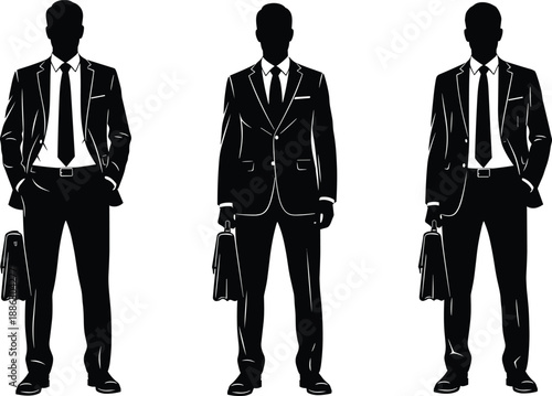 Businessman silhouette set in formal suit with briefcase, professional corporate executive standing poses, leadership success concept isolated on white background illustration