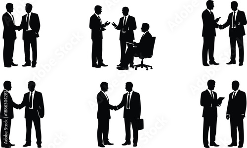 Businessmen handshake silhouettes, corporate meeting discussion agreement teamwork leadership concept, professional office people interaction isolated on white background illustration