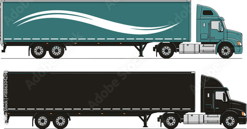 Cargo semi truck trailer side view illustration, modern freight transportation vehicle mockup design, logistics delivery concept isolated on white background