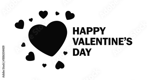 A simple graphic design showcases a large black heart with scattered smaller hearts and the text happy valentine s day