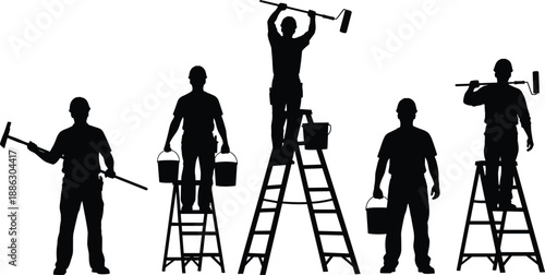 House painting workers silhouettes on ladders with rollers and buckets, professional construction renovation maintenance service concept isolated on white background illustration