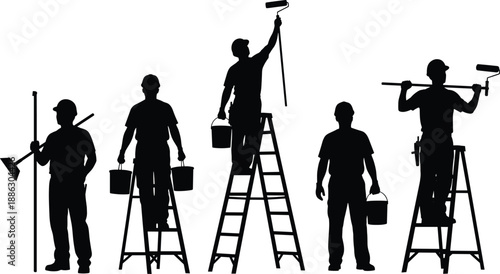 House painters silhouettes working on ladders with rollers and buckets, professional renovation painting service concept isolated on white background illustration