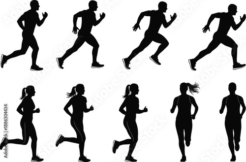 Male and female running silhouettes set, joggers sprinting fitness poses, athletic motion sequence illustration isolated on white background