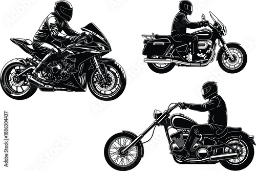 Motorcycle rider silhouettes collection, sport bike, cruiser and chopper motorbike riders, black vector illustration isolated on white background