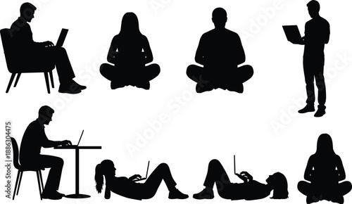 People using laptops silhouette set, remote work, online learning, meditation, freelancing, modern digital lifestyle activities isolated on white background