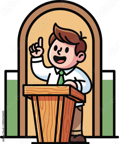 Enthusiastic cartoon speaker in a green tie pointing up while giving a speech at a wooden podium.