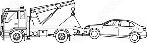 Tow truck towing broken sedan illustration, roadside assistance recovery vehicle with crane hook, car breakdown service isolated on white background